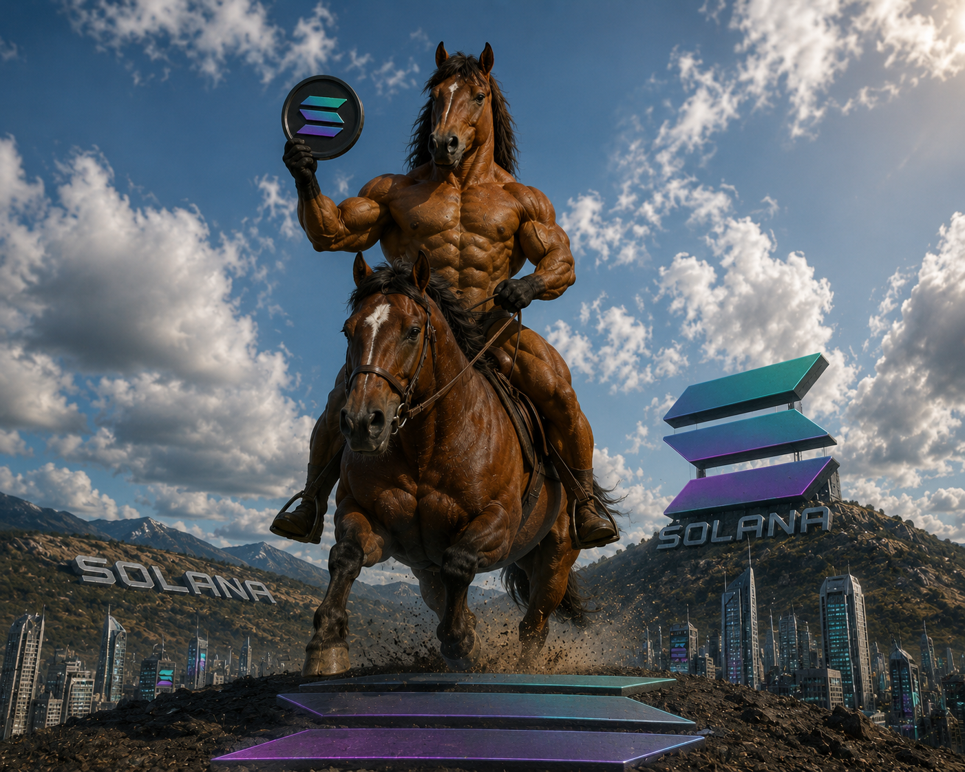 A muscular horse hero riding into a futuristic Solana city, holding a Solana coin aloft.