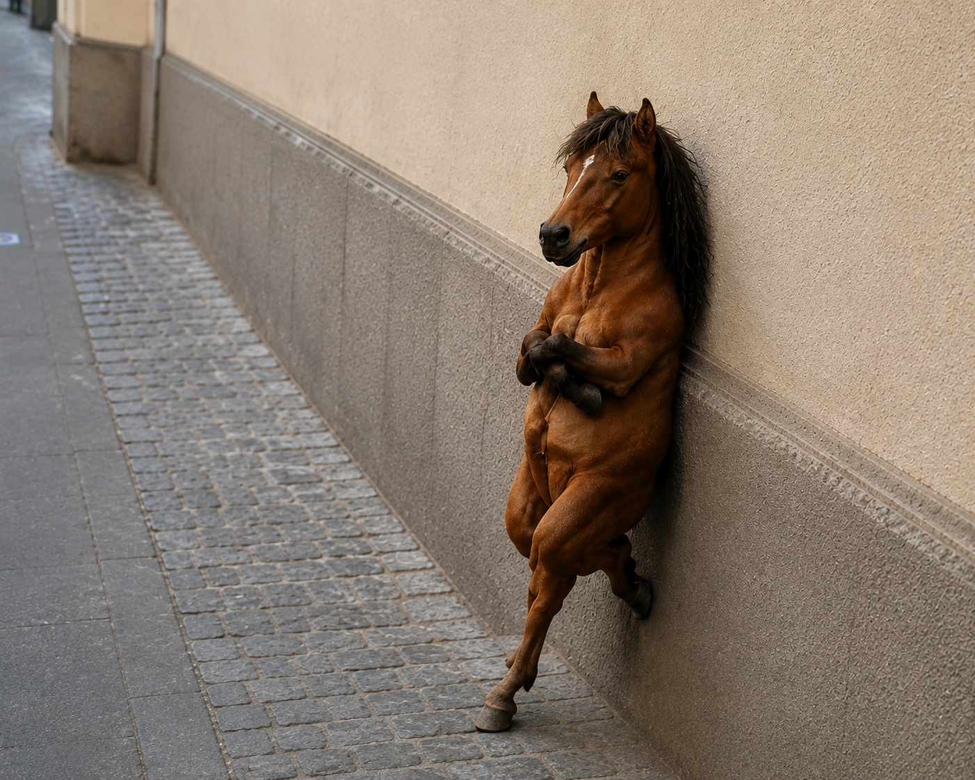 A brown horse leaning casually against a wall on a cobblestone street, forelegs crossed.