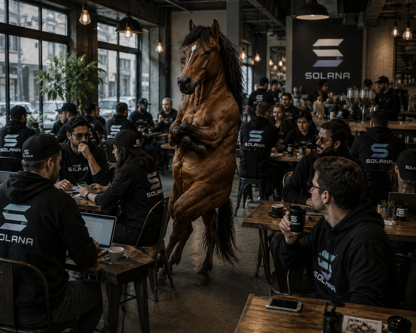 A horse standing upright in a crowded coffee shop full of people wearing Solana hoodies.